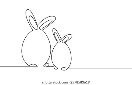 Two Easter Rabbits in One Continuous Line Drawing. Easter Card with Cute Bunny in Simple Linear Style. Editable Stroke. Doodle Vector Illustration for Spring Design. Not AI