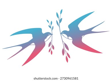 Two easter swallows in silhouette carrying branches with leaves, symbolizing spring and new beginnings