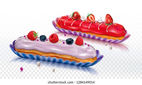 Two Eclair cake, log shaped pastry with icing and berries. Vector mesh illustration