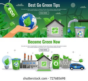 Two ecology banner set with best to green tips become green now headlines and read more buttons vector illustration