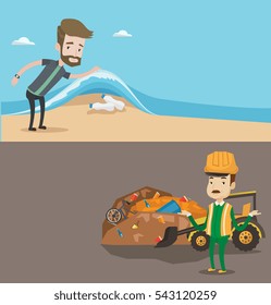 Dos pancartas ecológicas con espacio para el texto. Diseño plano vectorial. Diseño horizontal. Hombre mostrando botellas de plástico en el mar. Trabajador en vertederos de basura. Contaminación ambiental, contaminación del agua, contaminación de plástico.