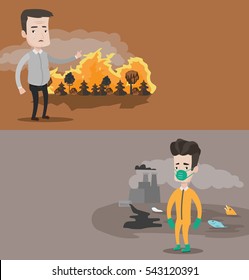 Dos pancartas ecológicas con espacio para el texto. Diseño plano vectorial. Diseño horizontal. Hombre de pie sobre el fondo del incendio forestal. Hombre apuntando al bosque en llamas. Concepto de destrucción ambiental.