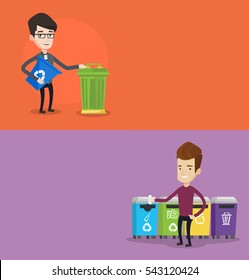 Two ecology banners with space for text. Vector flat design. Horizontal layout. Man with recycling bin. Man throwing away plastic bottle in recycling bin. Concept of garbage separation for recycling.