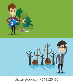 Dos pancartas ecológicas con espacio para el texto. Diseño plano vectorial. Diseño horizontal. Hombre raspando la cabeza sobre el fondo de árboles muertos. Bosque muerto causado por el calentamiento global. Concepto de destrucción ambiental