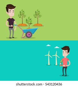 Dos pancartas ecológicas con espacio para el texto. Diseño plano vectorial. Diseño horizontal. Hombre empujando carretilla con planta en el parque. Hombre con carretilla sobre un fondo de árboles recién plantados.