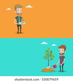 Dos pancartas ecológicas con espacio para el texto. Diseño plano vectorial. Diseño horizontal. Hombre sujetando una botella de plástico con la planta creciendo dentro. Hombre sujetando una botella de plástico usada como maceta. Concepto de reciclaje.