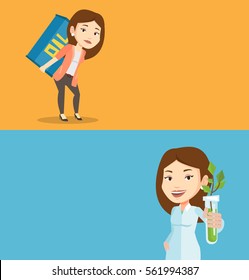 Dos pancartas ecológicas con espacio para el texto. Diseño plano vectorial. Diseño horizontal. Científico joven sostiene tubo de ensayo con planta joven. Científico caucásico en planta de análisis de bata médica en tubo de ensayo.