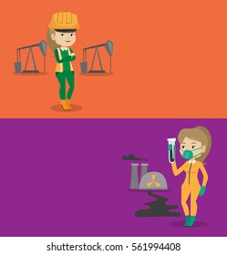 Two ecology banners with space for text. Vector flat design. Horizontal layout. Oil worker in uniform and helmet. Oil worker standing with crossed arms. Oil worker standing on background of pump jack.