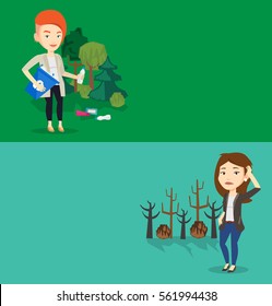 Two ecology banners with space for text. Vector flat design. Horizontal layout. Caucasian woman scratching head on the background of dead trees. Dead forest caused by global warming or wildfire.