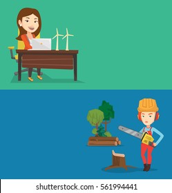 Two ecology banners with space for text. Vector flat design. Horizontal layout. Engineer working on laptop. Engineer projecting wind turbines in his office. Woman working with model of wind turbines.