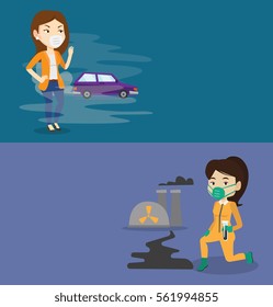 Two ecology banners with space for text. Vector flat design. Horizontal layout. Woman standing on the background of car with traffic fumes. Woman wearing mask to reduce the effect of traffic pollution