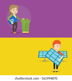 Two ecology banners with space for text. Vector flat design. Horizontal layout. Worker of solar power plant holding solar panel. Woman with panel standing on the background of solar power plant.