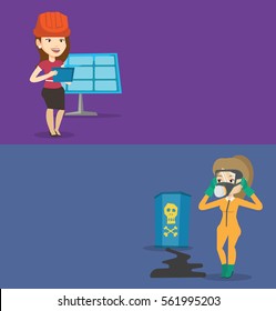Two ecology banners with space for text. Vector flat design. Horizontal layout. Engineer working on tablet at solar power plant. Worker with tablet computer checking solar panel at solar power plant.
