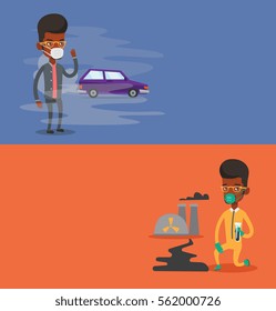 Dos pancartas ecológicas con espacio para el texto. Diseño plano vectorial. Diseño horizontal. Científico vestido con traje protector contra la radiación que sostiene un tubo de ensayo con líquido negro sobre el fondo de la planta de energía nuclear.