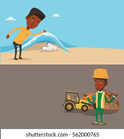 Two ecology banners with space for text. Vector flat design. Horizontal layout. Man showing plastic bottles under water of sea. Man collecting plastic bottles from water. Water pollution concept.