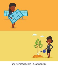Two ecology banners with space for text. Vector flat design. Horizontal layout. An african-american woman watering tree. Young friendly woman with watering can. Concept of environmental protection.