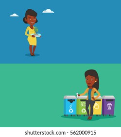 Two ecology banners with space for text. Vector flat design. Horizontal layout. African woman throwing away garbage. Woman standing near four bins and throwing away garbage in an appropriate bin.