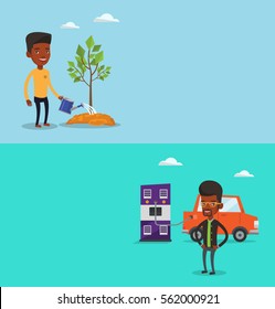 Two ecology banners with space for text. Vector flat design. Horizontal layout. African-american man charging electric car at charging station. Young man standing near power supply for electric car.