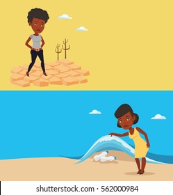Zwei Umweltbanner mit Platz für Text. Vektorflachdesign. Horizontales Layout. Frauen, die in der Wüste stehen. Frauen, die in der Wüste auf zerbrochener Erde stehen. Konzept des Klimawandels und der Erderwärmung.