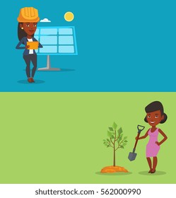 Two ecology banners with space for text. Vector flat design. Horizontal layout. Young african woman plants a tree. Woman standing with shovel near newly planted tree. Environmental protection concept.