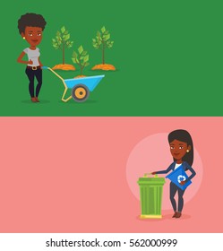 Two ecology banners with space for text. Vector flat design. Horizontal layout. African woman carrying recycling bin. Woman holding recycling bin while standing near trash can. Waste recycling concept