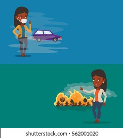 Dos pancartas ecológicas con espacio para el texto. Diseño plano vectorial. Diseño horizontal. Mujer parada en el fondo de un auto con humos de tráfico. Mujer con máscara para reducir el efecto de la contaminación del tráfico