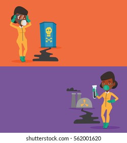 Two ecology banners with space for text. Vector flat design. Horizontal layout. African woman standing on the background of nuclear power plant. Woman in radiation protective suit holding test-tube.