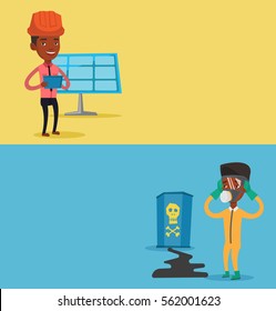Two ecology banners with space for text. Vector flat design. Horizontal layout. Worried man in respirator and radiation protective suit clutching head.Man looking at leaking barrel with radiation sign