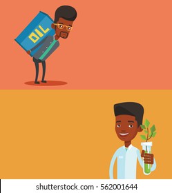Two ecology banners with space for text. Vector flat design. Horizontal layout. African-american scientist holding test tube with young plant. Scientist in medical gown analyzing plant in test tube.