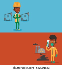 Two ecology banners with space for text. Vector flat design. Horizontal layout. Oil worker in uniform and helmet. Oil worker standing with crossed arms. Oil worker standing on background of pump jack.