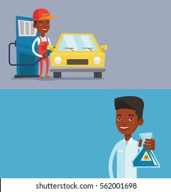 Two ecology banners with space for text. Vector flat design. Horizontal layout. Friendly worker filling up fuel into the car. Worker in workwear at the gas station. Gas station worker refueling a car.