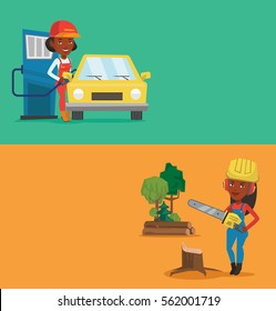 Two ecology banners with space for text. Vector flat design. Horizontal layout. Lumberjack holding chainsaw. African-american lumberjack in workwear, hard hat and headphones working with chainsaw.