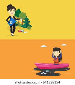 Dos pancartas ecológicas con espacio para el texto. Diseño plano vectorial. Diseño horizontal. Mujer asiática recolectando basura en la papelera de reciclaje. Mujer joven con papelera de reciclaje recogiendo botellas de plástico usadas en el bosque.