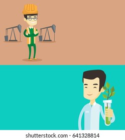 Two ecology banners with space for text. Vector flat design. Horizontal layout. Young asian laboratory assistant analyzing sprout in test tube. Laboratory assistant holding test tube with sprout.