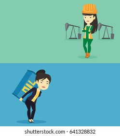 Two ecology banners with space for text. Vector flat design. Horizontal layout. Asian oil worker in uniform. Oil worker standing with crossed arms. Oil worker standing on the background of pump jack.