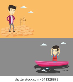 Dois banners de ecologia com espaço para texto. Design plano vetorial. Layout horizontal. Jovem trabalhador de saneamento frustrado trabalhando em um barco para pegar lixo da água poluída. Conceito de poluição da água.