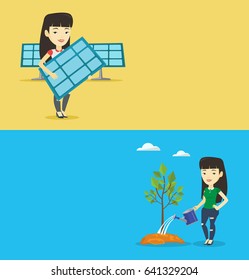 Dos pancartas ecológicas con espacio para el texto. Diseño plano vectorial. Diseño horizontal. Trabajador de la planta de energía solar con panel solar. Hombre asiático con panel de pie en el fondo de la planta de energía solar.