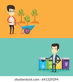 Two ecology banners with space for text. Vector flat design. Horizontal layout. Young asian man throwing away garbage. Man standing near four bins and throwing away garbage in an appropriate bin.