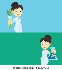 Two ecology banners with space for text. Vector flat design. Horizontal layout. Laboratory assistant holding a flask with biohazard sign. Asian laboratory assistant showing flask with biohazard sign.