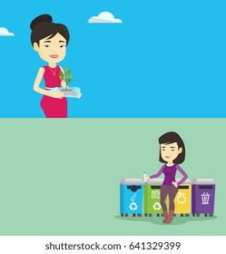 Dos pancartas ecológicas con espacio para el texto. Diseño plano vectorial. Diseño horizontal. Mujer sosteniendo una botella de plástico con planta dentro. Chica sosteniendo una botella de plástico usada como maceta de planta. Concepto de reciclado de plástico