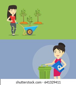 Two ecology banners with space for text. Vector flat design. Horizontal layout. Asian gardener standing with wheelbarrow on the background of newly planted trees. Woman pushing wheelbarrow with tree.