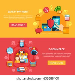 Two ecommerce banner set with safety payment and ecommerce headlines and buttons vector illustration