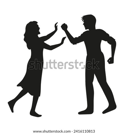 Two editable silhouettes of aggressive man and frightened woman, symbolizing stalking and sexual violence. Domestic violence and sexual harassment. married couple. Victim Protection Charity