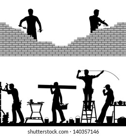 Two editable vector foreground design elements of builders and bricklayers