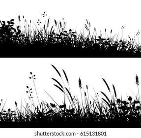 Two editable vector silhouettes of grassy meadows in summer