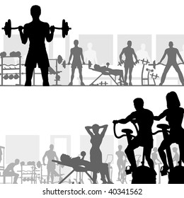 Two editable vector silhouettes of people exercising in the gym