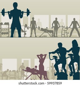 Two editable vector silhouettes of people exercising in a gym