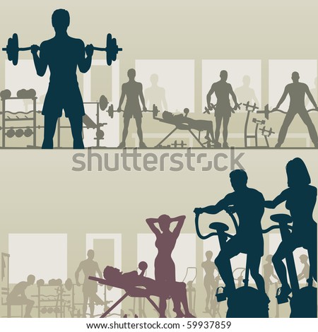 Two editable vector silhouettes of people exercising in a gym