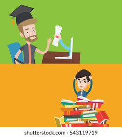 Two educational banners with space for text. Vector flat design. Horizontal layout. Graduate getting diploma from the computer. Happy student in graduation cap receiving diploma from the computer.