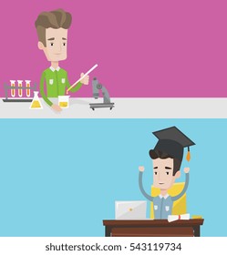 Zwei lehrreiche Banner mit Platz für Text. Vektorflachdesign. Horizontales Layout. Student mit experimenteller Chemie-Klasse. Studierende, die mit Mikroskop und Teströhren in der Chemieklasse arbeiten.